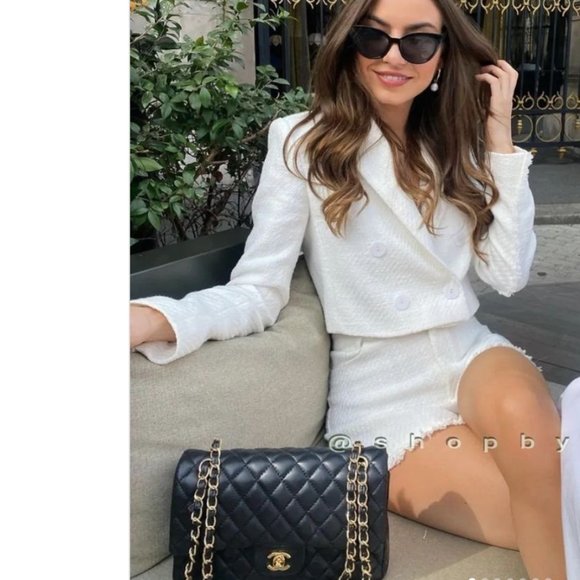 ZARA OYSTER WHITE TWEED DOUBLE BREASTED CROPPED BLAZER $129 - Picture 3 of 16